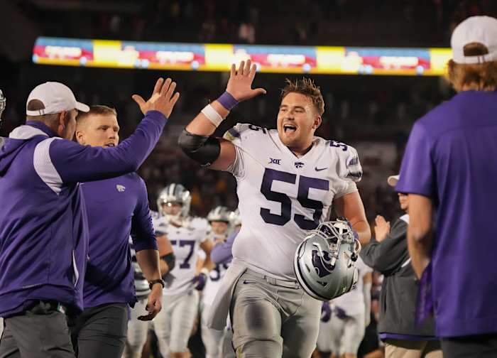 Kansas State offensive lineman Hayden Gillum celebrates after the Wildcats beat Iowa State, 10-9, during a NCAA college football game at Jack Trice Stadium in Ames, Iowa, on Saturday, Oct. 8, 2022. Iowastatevskansasstatefb 20221008 Bh